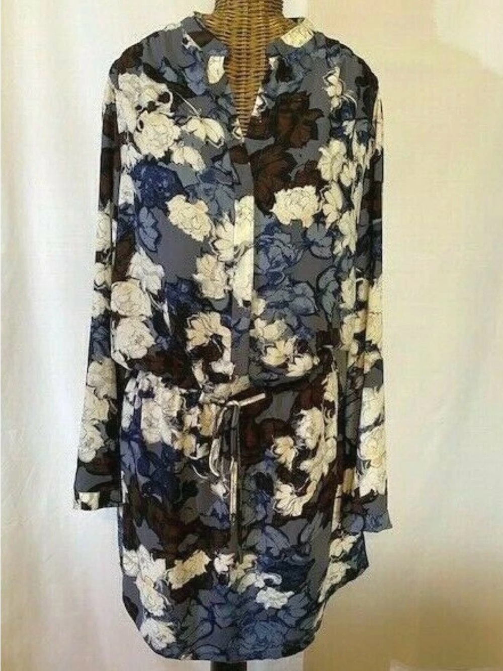 Size 12 LILA ROSE FLORAL BLACK BLUE WHITE BROWN LONG SLEEVE DRESS